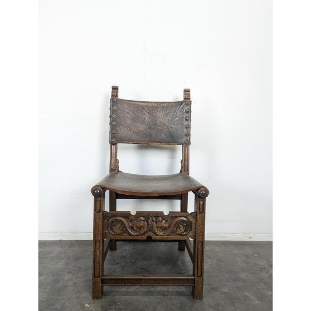 Gothic Chairs in Oak and Studded Leather, Set of 8 For Sale - Image 6 of 14