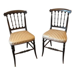 Pair of Ebonized Victorian Chairs With Original Striped Upholstery, Circa 1860–1890 For Sale