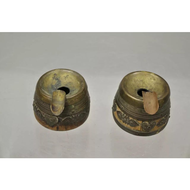 Wood 19th C. Antique Indian Brass and Wood Smoking Tobacco Jar, Box & Ashtray Set - 3 Pieces For Sale - Image 7 of 11