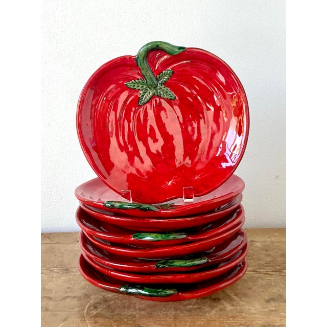 Vintage 1960s Italian Glazed Ceramic Tomato Plates - Set of 8 For Sale - Image 10 of 12