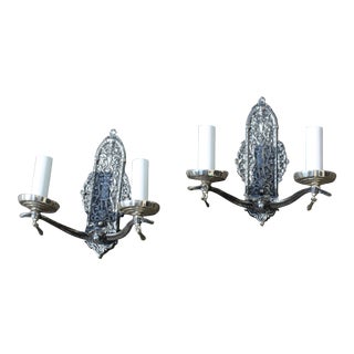 Art Deco Nickel Two Arm Brass Casting Sconces - a Pair For Sale