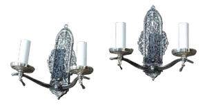 Art Deco Nickel Two Arm Brass Casting Sconces - a Pair