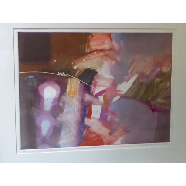 Colorful Abstract Monoprint by Cuban American Victor Gomez (1941-Cuba). Color palette of pink, purple, red, and chocolate...