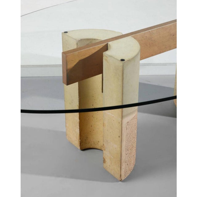 Mid-Century Modern Vintage Dining Table with Oval Glass Top and Wood-Concrete Legs by Giovanni Offredi for Saporiti, 1970s For Sale - Image 3 of 7