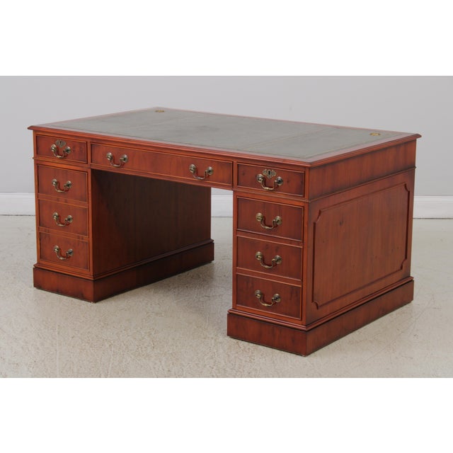 English Reprodux English Yew Wood Green Leather Top Desk For Sale - Image 3 of 18
