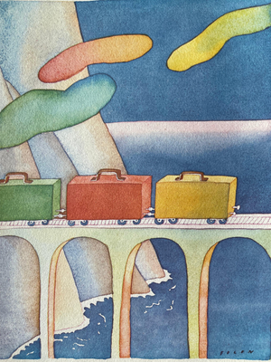 Jean-Michel Folon, Le train de valises, Etching