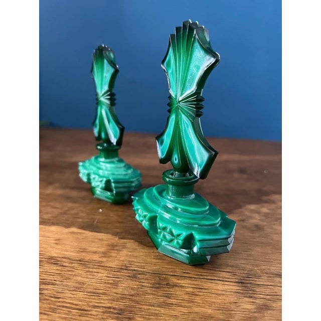 Art Deco Malachite Glass Perfume Bottles Pair For Sale - Image 13 of 18