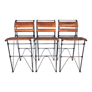 Ilana Goor Leather and Iron Bar Stools - Set of 3 For Sale
