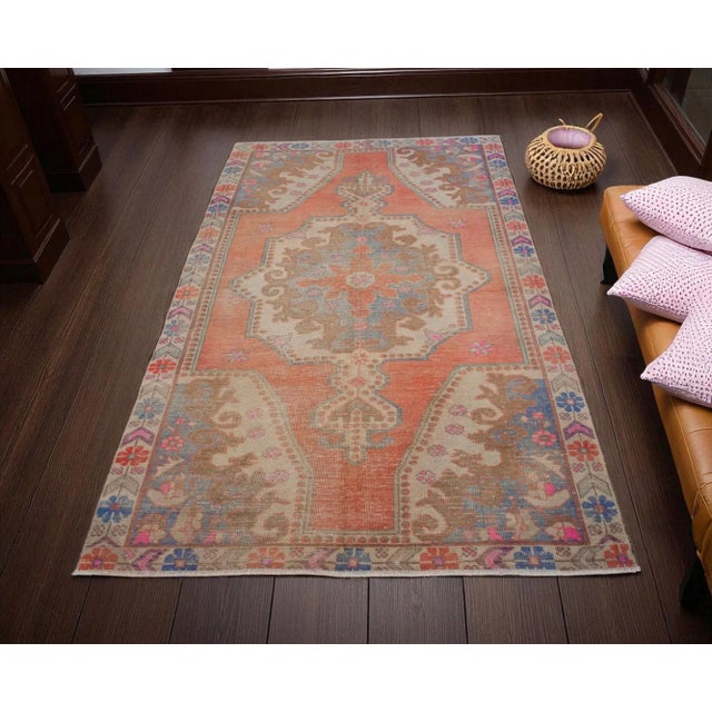 Mid-Century Modern Distressed Low Pile Turkish Rug Vintage Area Rug - 4'3" X 7'10" For Sale - Image 3 of 15