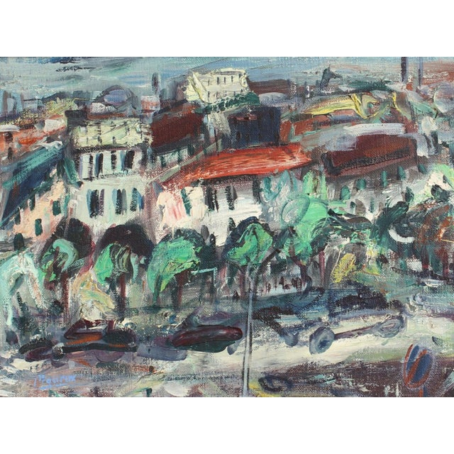Vue sur la ville au toit rouge (view over the city of red roofs), oil on canvas, by guy le péqueux (circa late 1960s). The...