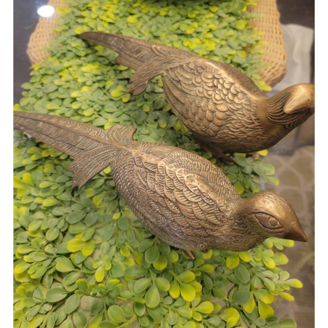 Metal Vintage Solid Brass Standing Pheasant Statues- a Pair For Sale - Image 7 of 12