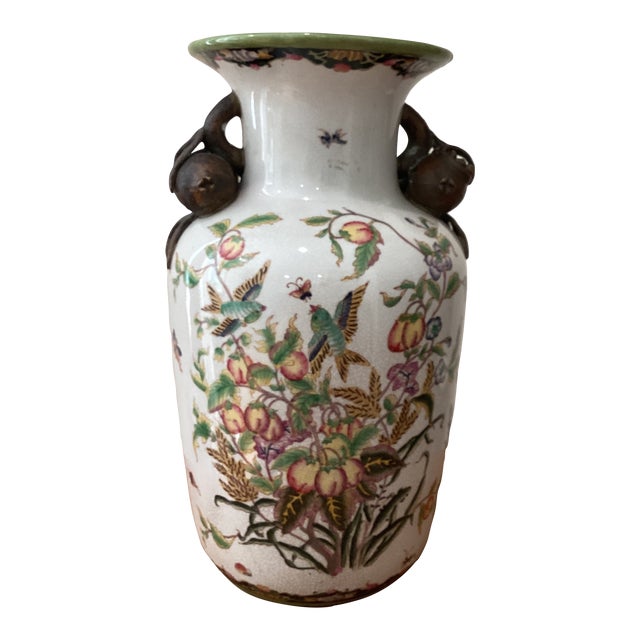Late 19th Century Chinese Crackle Glazed Ceramic Porcelain Vase “Paradise Garden“ With Pomegranate Handles For Sale