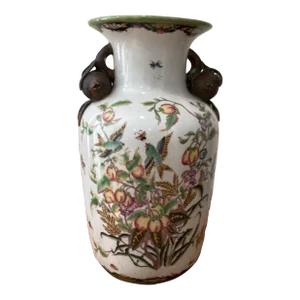 Late 19th Century Chinese Crackle Glazed Ceramic Porcelain Vase “Paradise Garden“ With Pomegranate Handles