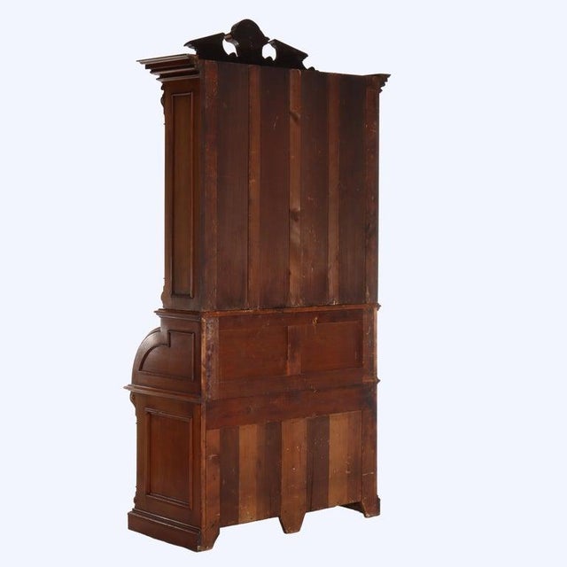 Renaissance Revival Carved Walnut & Burl Barrel Roll Top Secretary C1890 For Sale - Image 14 of 18