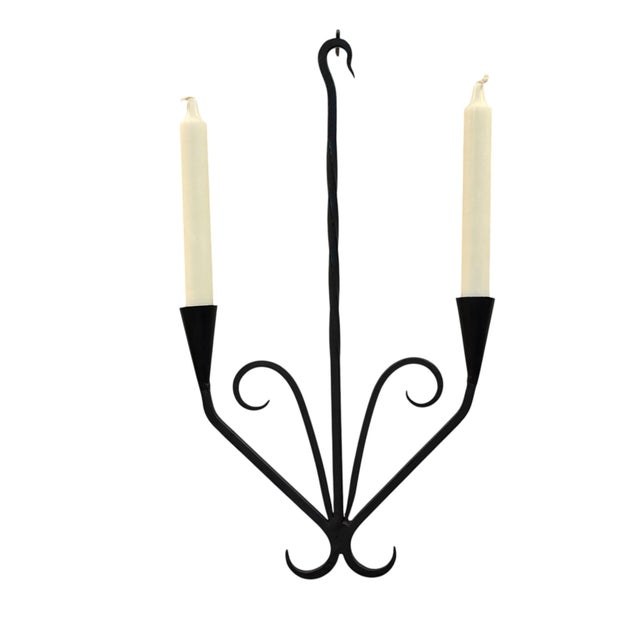 Vintage German Wrought Iron Two-Arm Wall Candle Sconce For Sale - Image 4 of 14