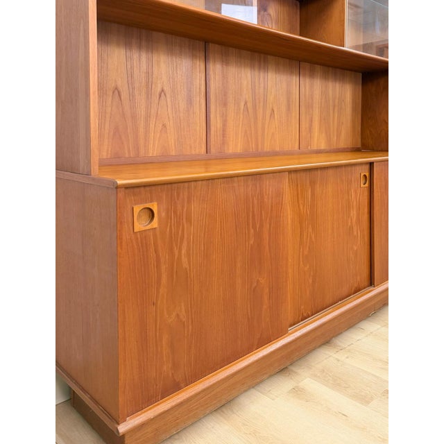 MCM Teak 2 Piece China Cabinet Sliding Doors Shelves Vintage Buffet Storage For Sale - Image 4 of 17