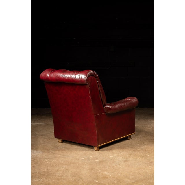 Mid 20th Century Vintage Tufted Leather Chesterfield Armchair and Ottoman Set in Burgundy For Sale - Image 5 of 12