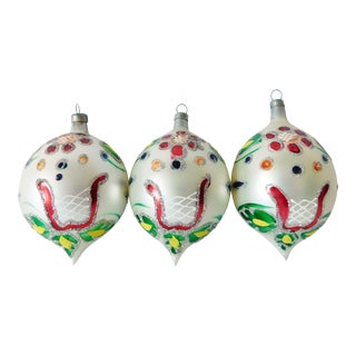 Set of 3 Vintage 4" Hand Blown Mercury Glass Glitter Teardrop Christmas Tree Ornaments For Sale