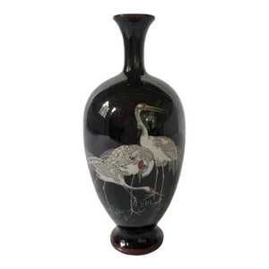 Japanese Meiji Era Black Cloisonne Vase With 5 Cranes