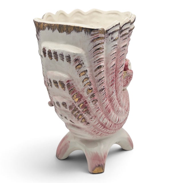 Vintage Pink Ceramic Cornucopia Vase W/ Applied Bird & Flowers For Sale - Image 4 of 9