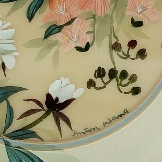 Green Matched Set of 2 Anton Wang Watercolor on Silk Paintings – Artist Signed and Framed With Chop Mark (Original Vintage Octagon Frames) For Sale - Image 8 of 18