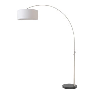 1960s Peter Morelli 92-Inch Float Floor Lamp - Mid Century Modern Arc Lamp, Satin Nickel, Black Marble Base, White Linen Shade, Dimmable For Sale