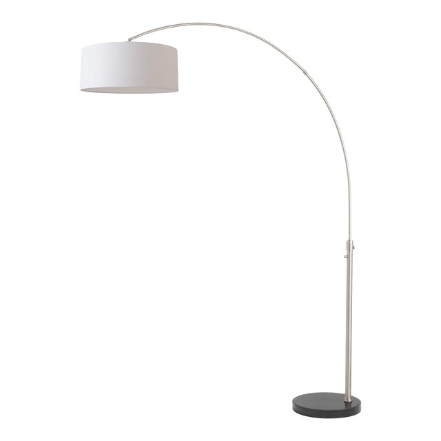 1960s Peter Morelli 92-Inch Float Floor Lamp - Mid Century Modern Arc Lamp, Satin Nickel, Black Marble Base, White Linen Shade, Dimmable For Sale
