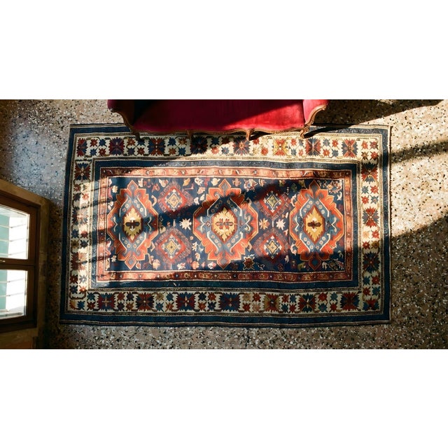 1890s Blue Navy Geometric Tribal Caucasian Kuba Rug 3'9" X 5'3" Wool Handknotted Carpet For Sale - Image 9 of 9