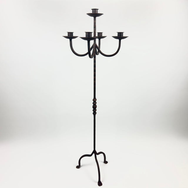 Hand Forged Iron Floor Candelabra 48.5″ (123cm) Antique Copper Patina 3-Arm Wide Base Stable Candle Holder Rustic Decor For Sale - Image 9 of 9