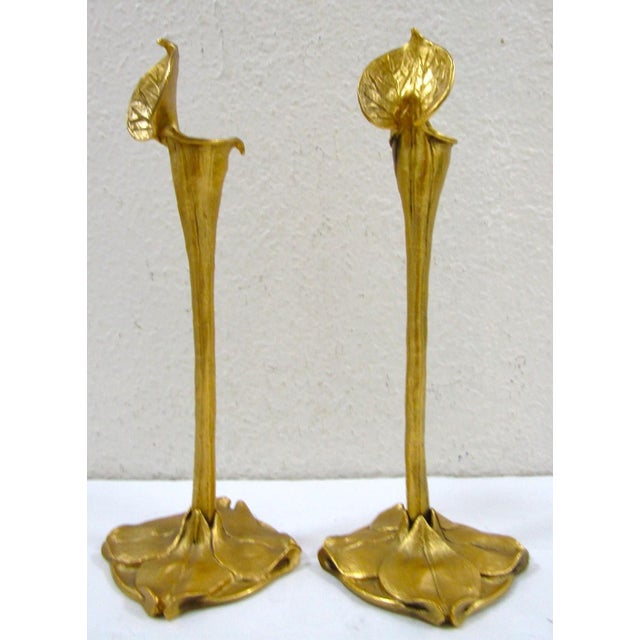 Late 19th Century Pair Art Nouveau German Cast Brass Calla Lily Candlesticks Attributed to Richard Müller For Sale - Image 4 of 13
