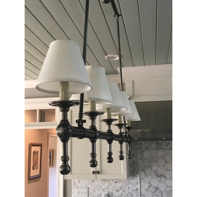 Visual Comfort Linear 5 Light Pendant in Antique Nickel With Silk Shades. | Chairish