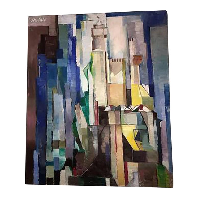 1930s Art Deco Modernist Cubist Building Painting For Sale