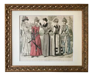 Antique French Fashion Print 1890 Hand Colored Etching