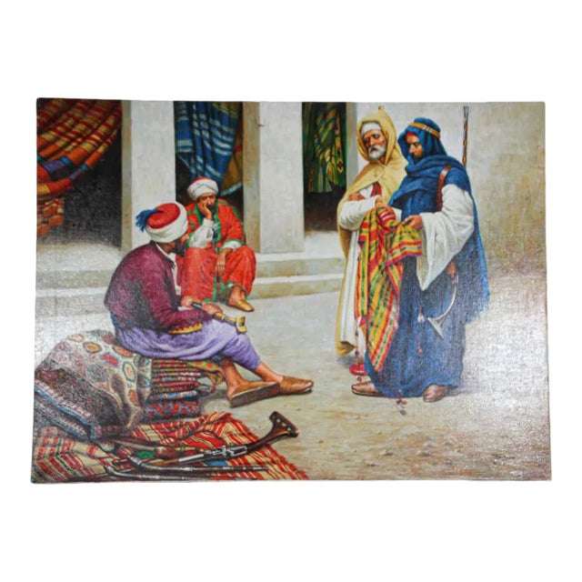 Moroccan Orientalist Oil Painting of a Rug Market For Sale