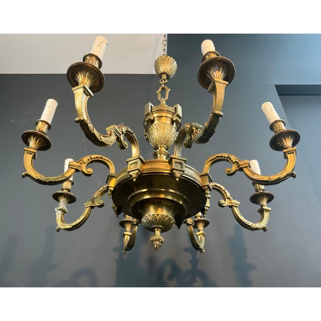 1940s Louis XVI style 8-arm chiseled bronze chandelier by Lucien For Sale - Image 12 of 12