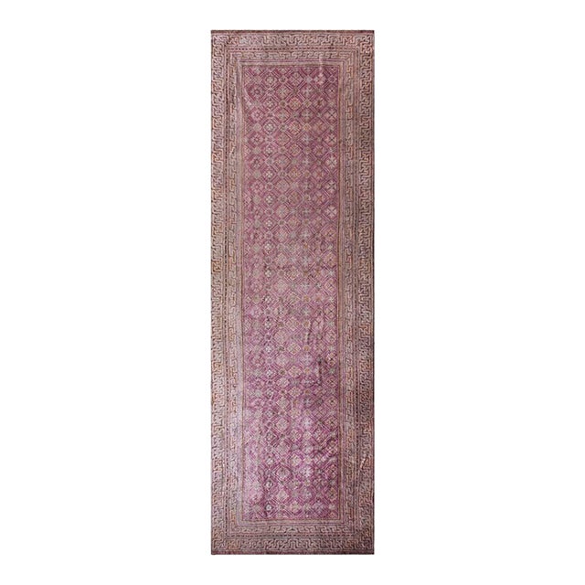 1900s Antique Large Chinese Diamond Grid Purple Baotou Knotted Runner Rug For Sale