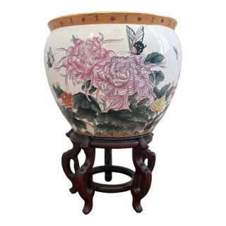 Vintage Mid-20th Century Large Chinese Ceramic Fish Bowl Planter For Sale