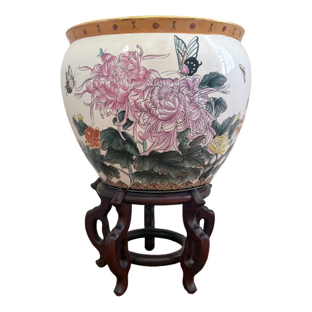 Vintage Mid-20th Century Large Chinese Ceramic Fish Bowl Planter For Sale