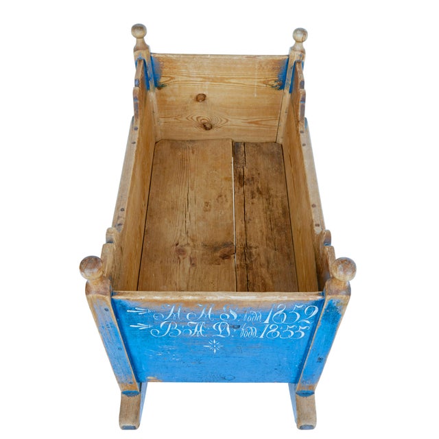 original condition traditional swedish rocking cradle circa 1860. painted in traditional blue colours with personalised...