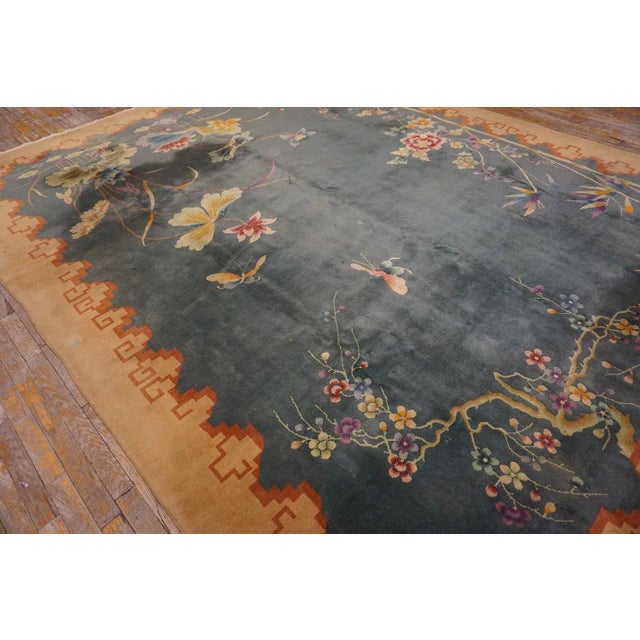 1920s Green Floral Modernist Chinese Art Deco Carpet 8'10" X 11'5" Knotted Wool Rug For Sale - Image 4 of 13