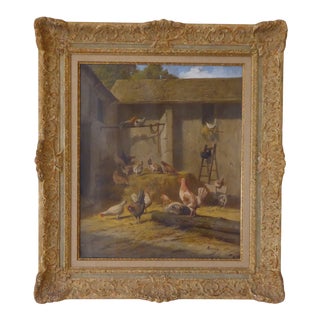 Vintage Impressionist Earth Tone Oil on Canvas of Chickens For Sale