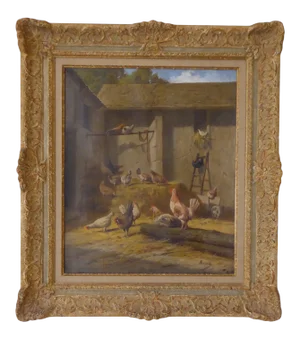 Vintage Impressionist Earth Tone Oil on Canvas of Chickens