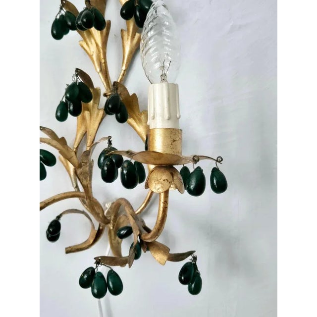 Wall Lights in Gilted Metal with Green Glass Drops, 1950s, Set of 2 For Sale - Image 9 of 11