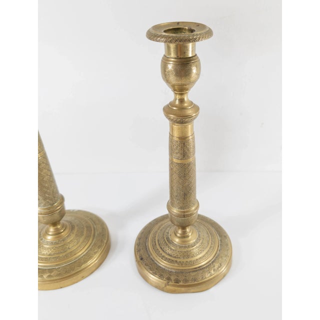 Metal 19th Century Pair of Charles X Bronze Candlesticks With Geometric Patterns For Sale - Image 7 of 12