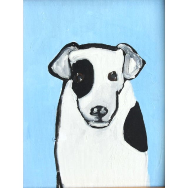 Charming folk art dog puppy pet portrait study oil painting on artist canvas panel. Unsigned. Included are the antiqued...