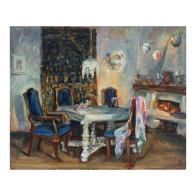 Dining Room Interior Scene in Oil on Masonite by S. Spencer For Sale
