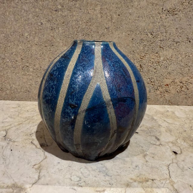 Modernist Studio Art Pottery Blue Vase Vessel Signed For Sale - Image 11 of 11