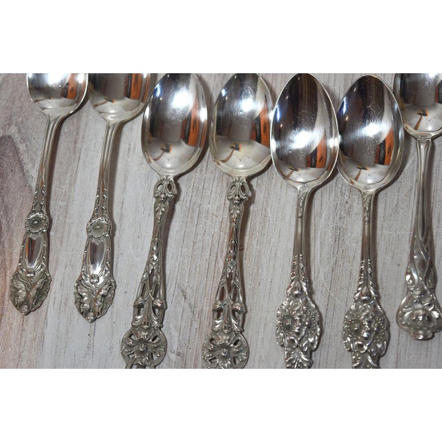 Antique Collection of 8 Floral Sterling Silver Teaspoons Tea Party For Sale - Image 12 of 17