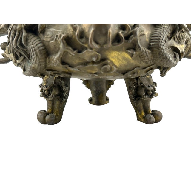 Antique Chinese Bronze Censer With Jade Orb Finial – Dragon Temple Incense Burner For Sale - Image 10 of 11