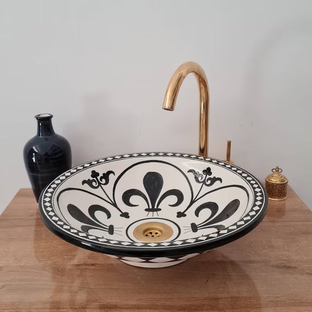 Contemporary Contemporary Black and White Bathroom Sink with Brass Drain For Sale - Image 3 of 6